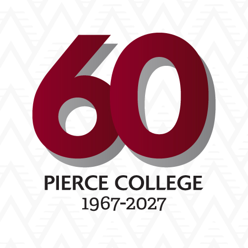 60th anniversary logo, grey and white background with large maroon "60" above Pierce College name