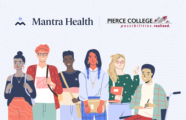 mantra health logo and pierce college logo above group of smiling students
