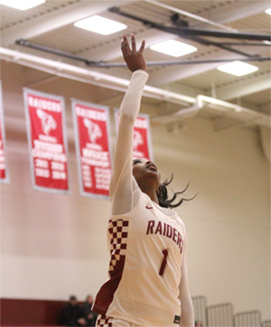 student in basketball uniform jumps to shoot ball
