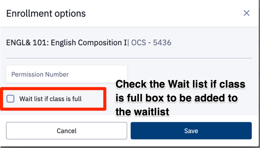 screenshot of enrollment options with wait list if class is full option highlighted
