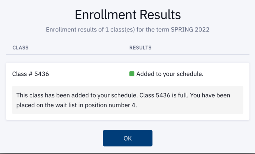 screenshot of enrollment results message