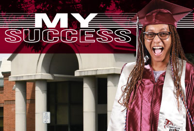 Photo of Faatima Miller in cap and gown. Text accompanies image that reads