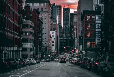 City street with skyscrapers