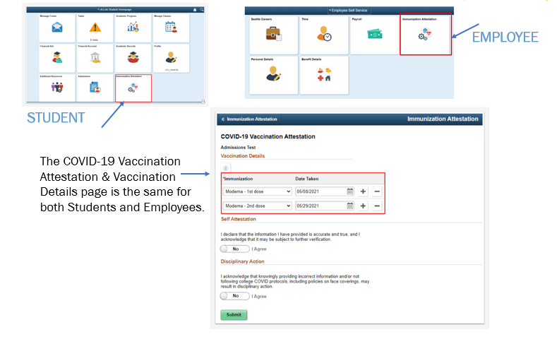Screenshots of ctcLink vaccine attestation screen