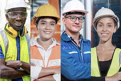 Four construction professionals in hard hats