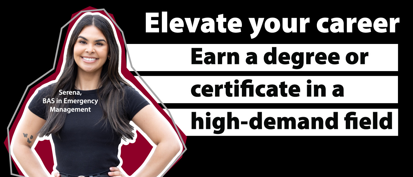 pierce college student with hands on hips and text elevate your career, earn a degree or certificate in a high-demand field