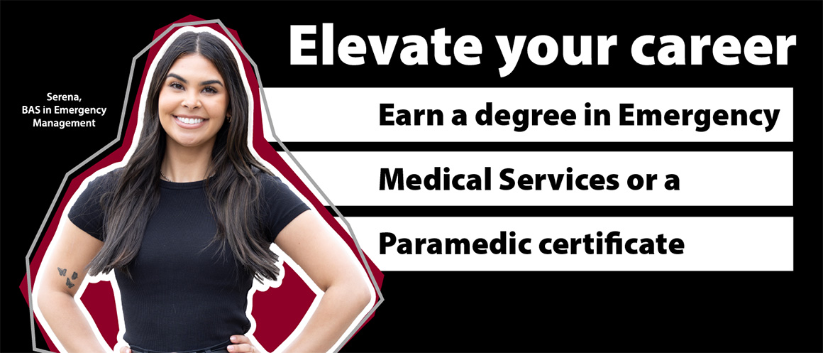 pierce college student serena with text elevate your career, earn a degree in emergency medical services or a paramedic certificate