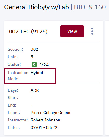 screenshot of the pierce college class schedule in mobile view with the instruction mode hybrid highlighted