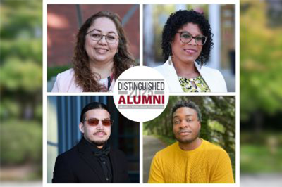 four individuals centered with the distinguished alumni logo in the middle