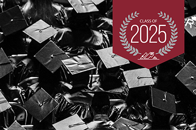 black and white graduation caps line the photo with a class of 2025 pendant in Pierce College maroon
