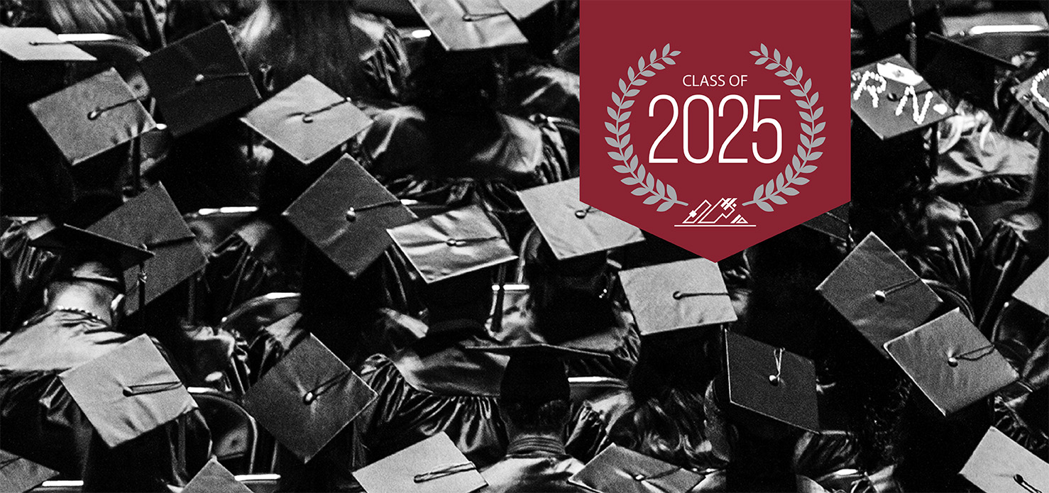 graduates in caps and gowns viewed from above with text class of 2025