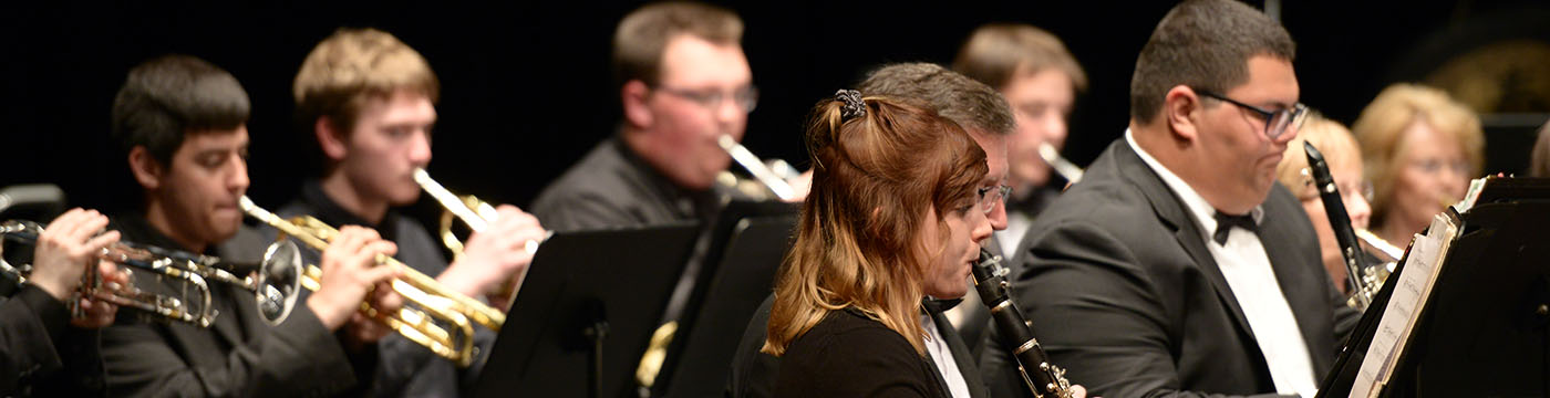 brass and woodwind players during a performance