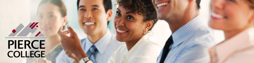 business students in classroom with pierce college logo over image