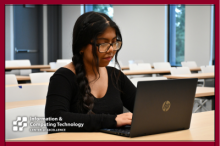 Student sits in front of computer, center of excellence logo appears
